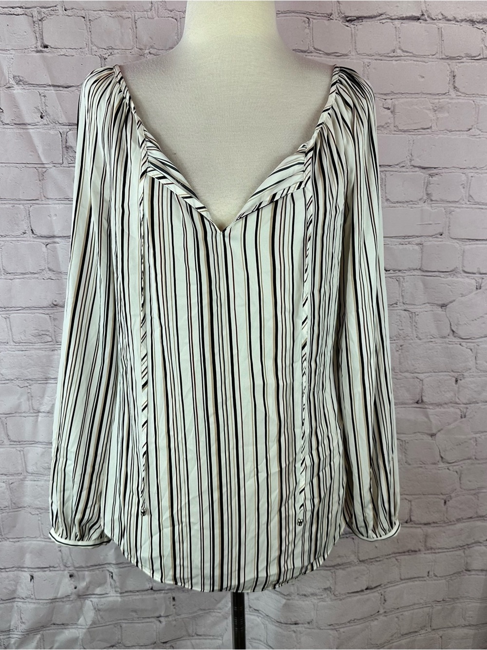 White House Black Market Striped V-Neck Blouse women 8 boho peasant office layer